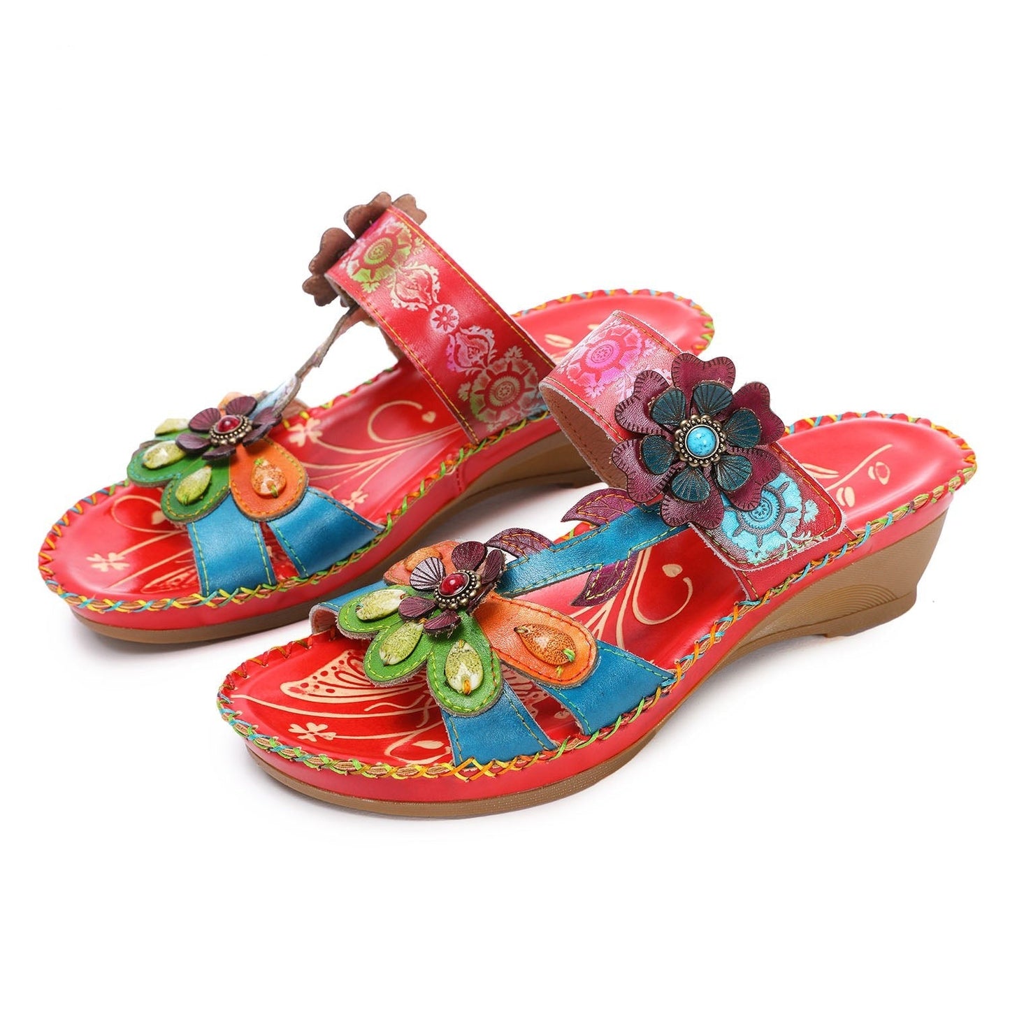 Retro Adjustable Floral Embossing Stitching Sandals