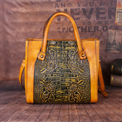 Vintage Casual Simple Leather Embossed Handbag