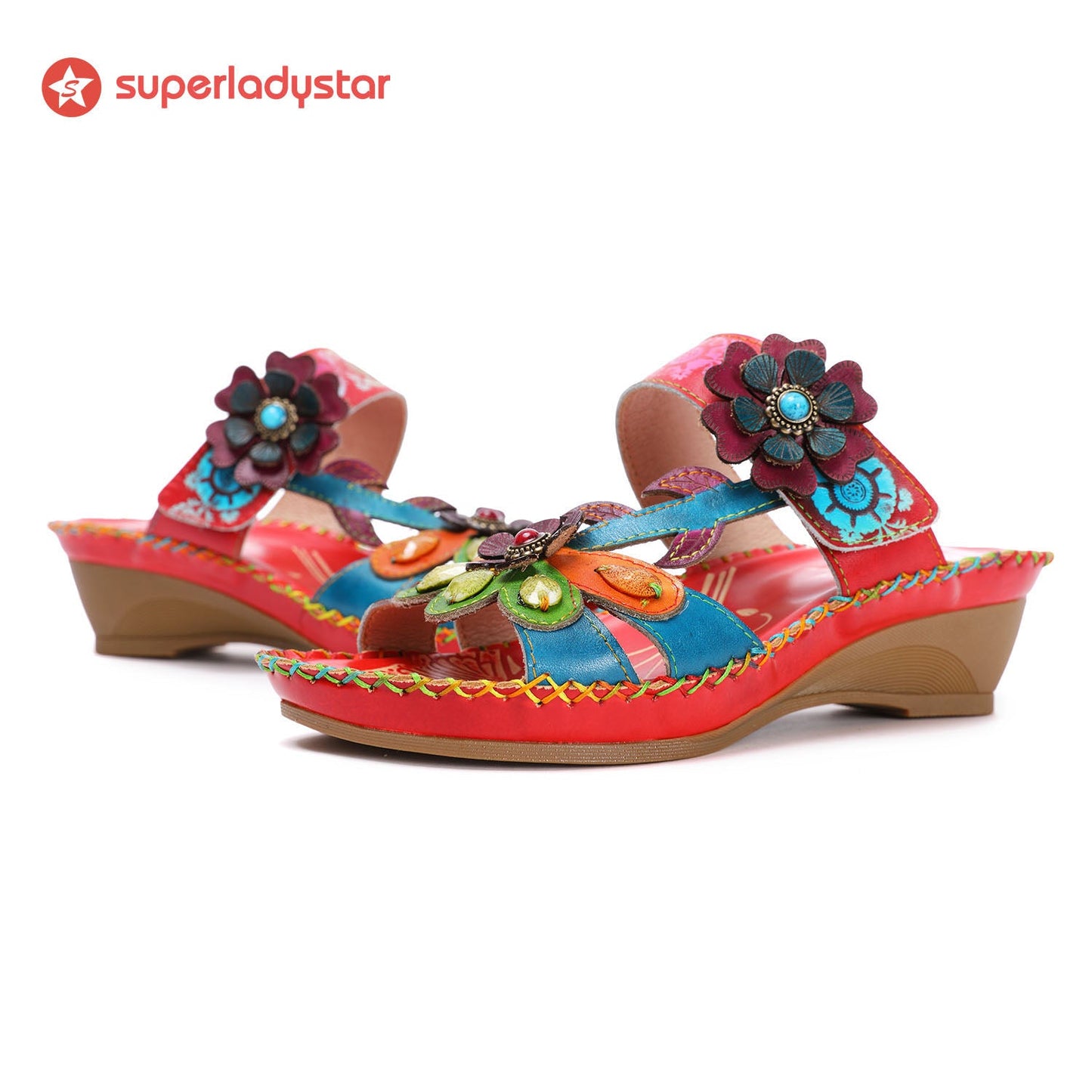 Retro Adjustable Floral Embossing Stitching Sandals