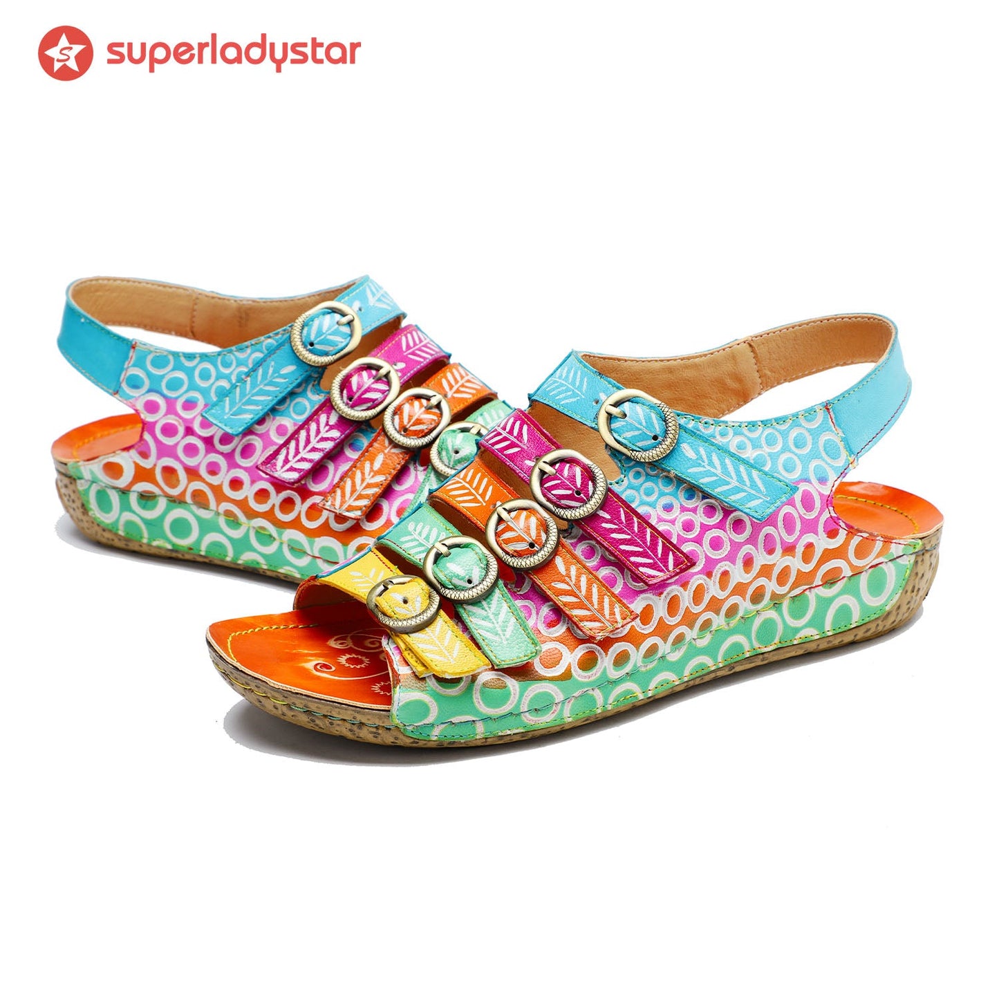 Colorful Floral Embossed Leather Sandals