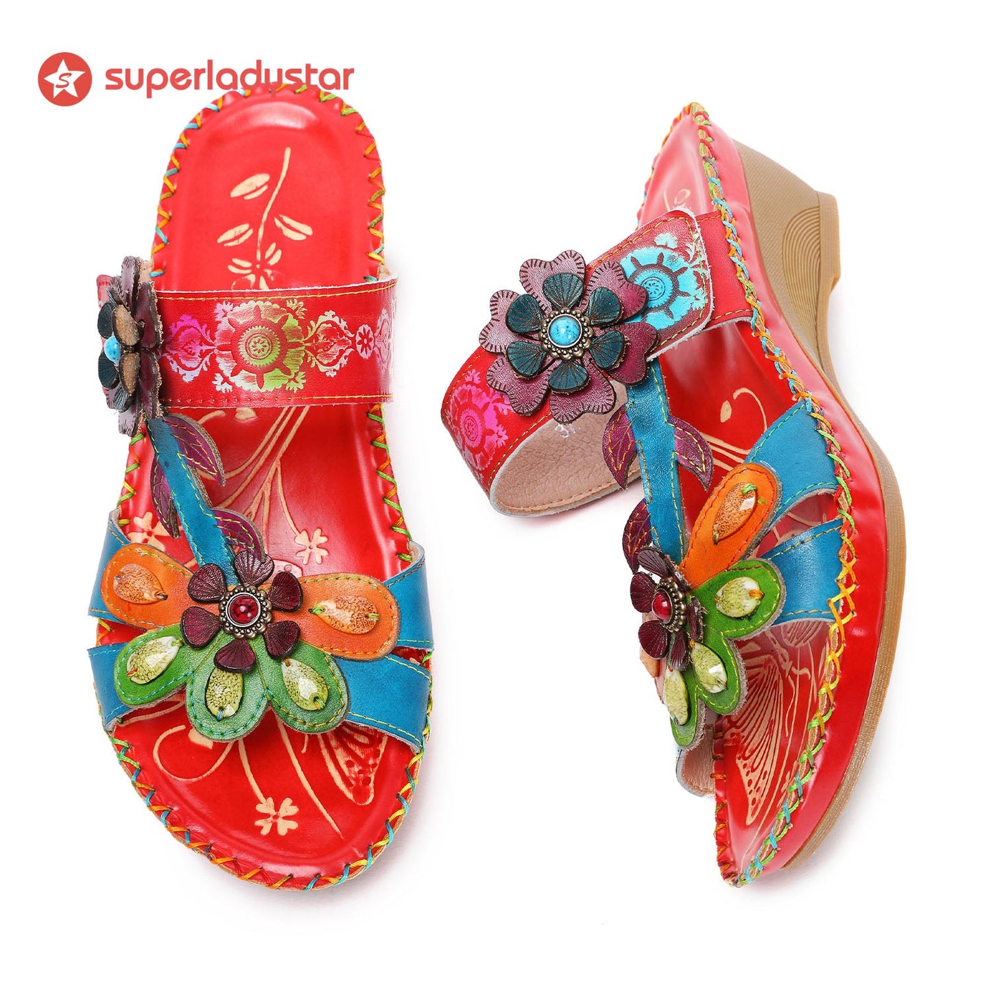 Retro Adjustable Floral Embossing Stitching Sandals