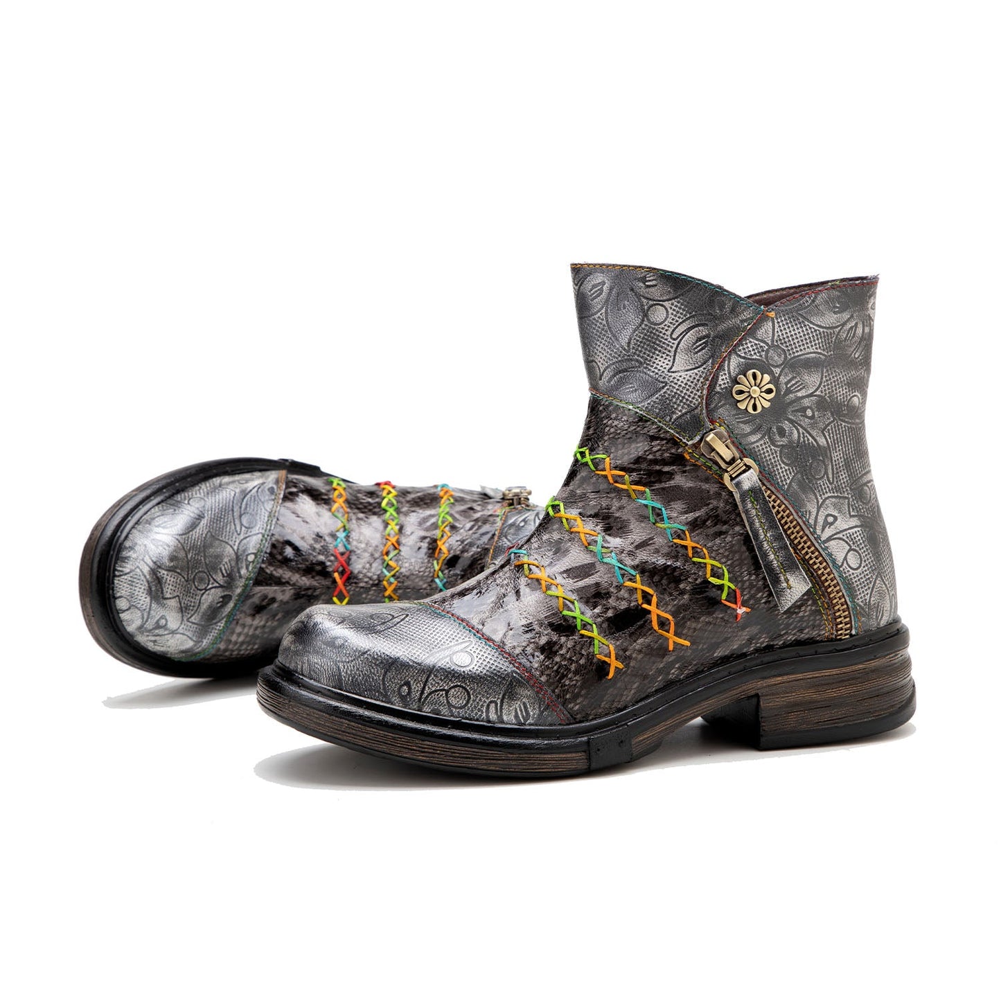 Handmade Rainbow line Real Leather Ankle Boots