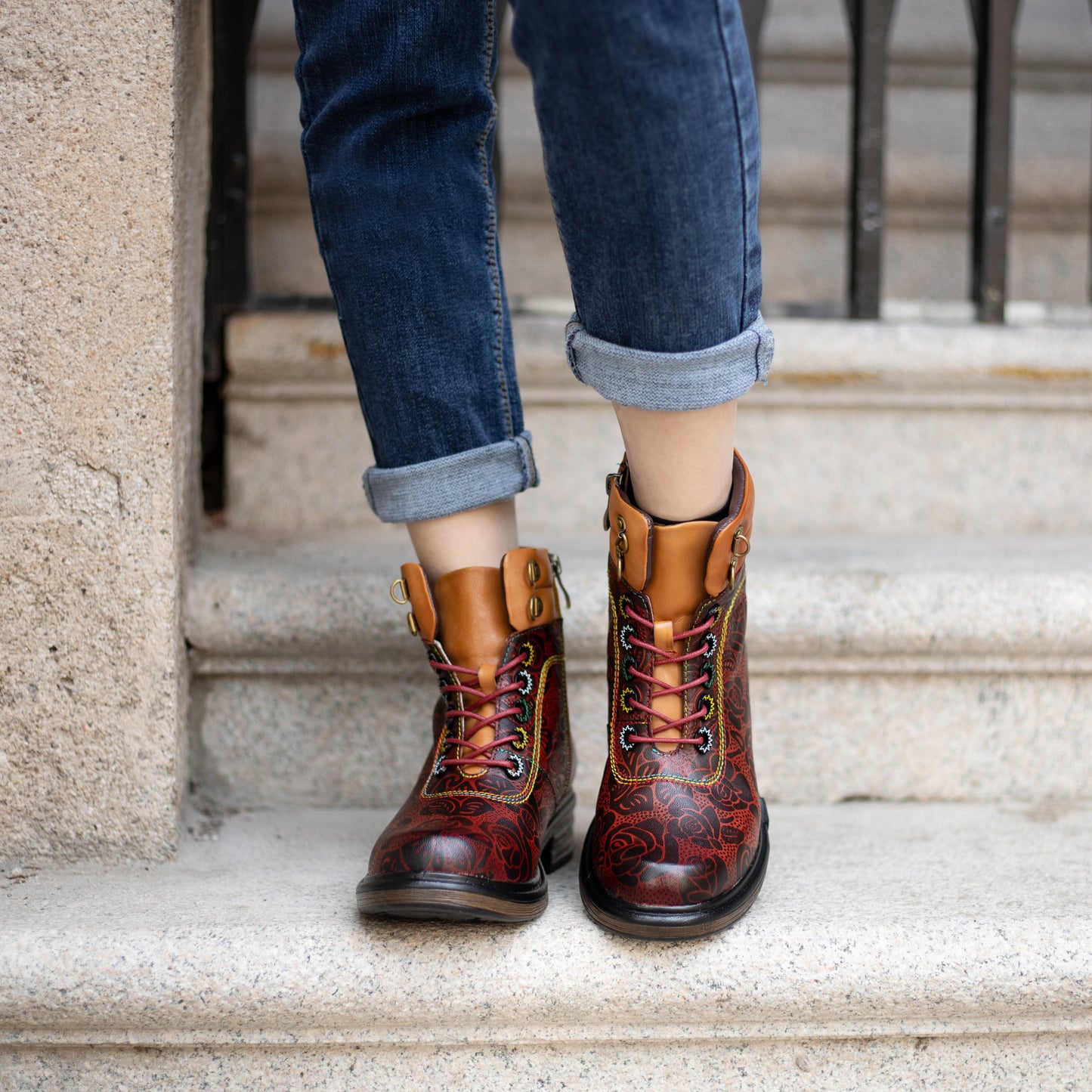 Retro Flower Embossed Chunky Heel Ankle Boots