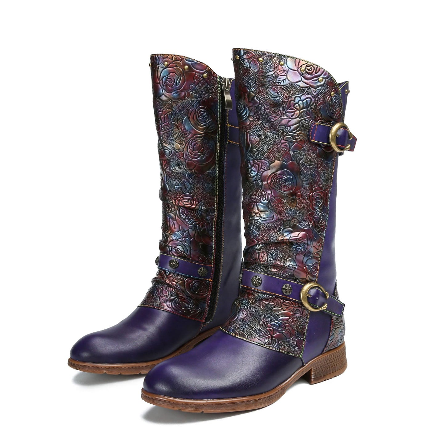 Retro Painted Buckle Flat Tall Boots